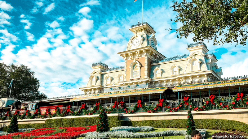 Train Station at Magic Kingdom decorated for Christmas