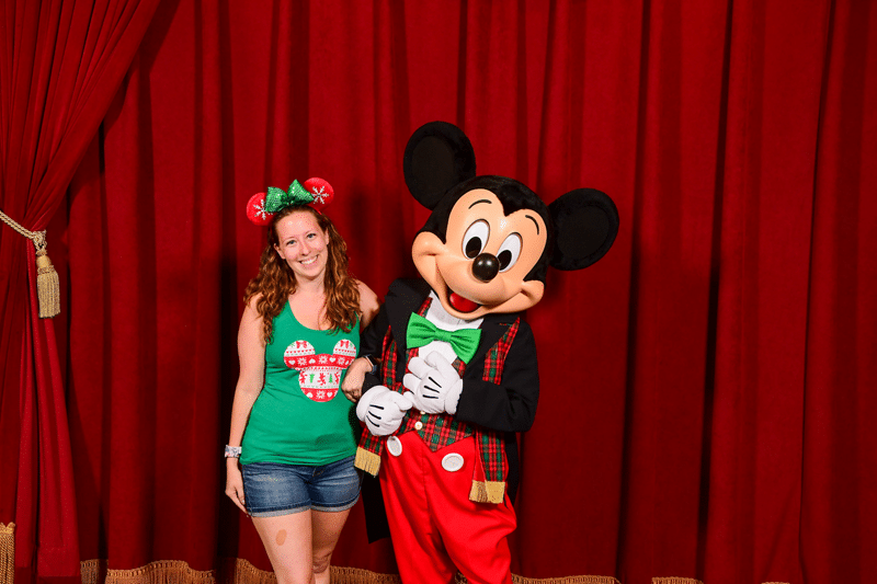Mickey Mouse in Christmas Outfit at Town Square Theatre Disney World