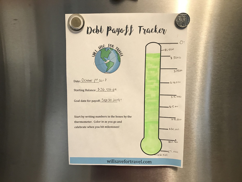 debt pay off tracker on fridge