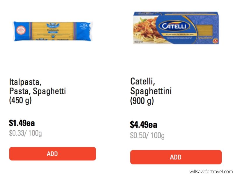 Unit Prices Of Pasta