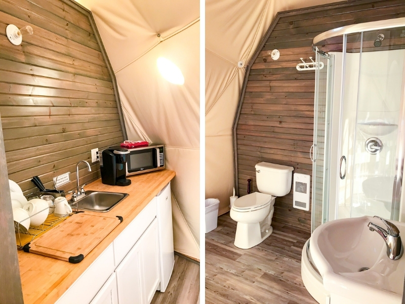 Archers Edge bathroom and kitchen. Inside a luxury camping dome