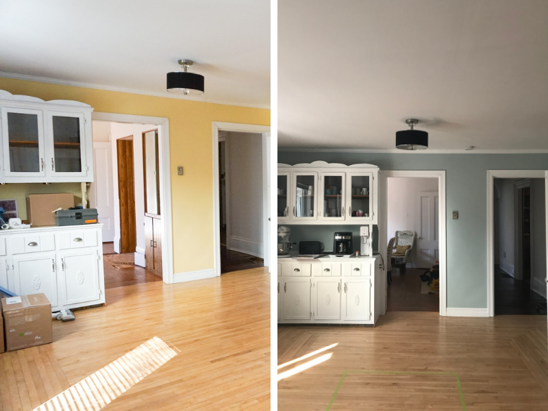 Kitchen before and after. Before is light yellow, after is light blue.