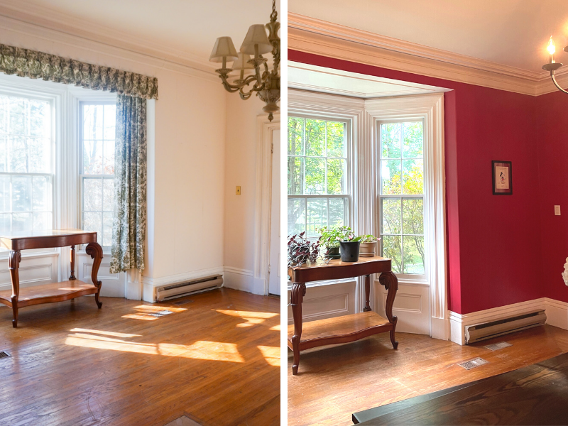Dining room before and after. Before is white, after is deep red