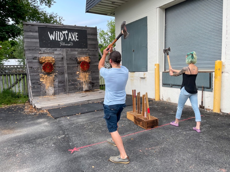 axe throwing at Boxing Rock in Shelburne