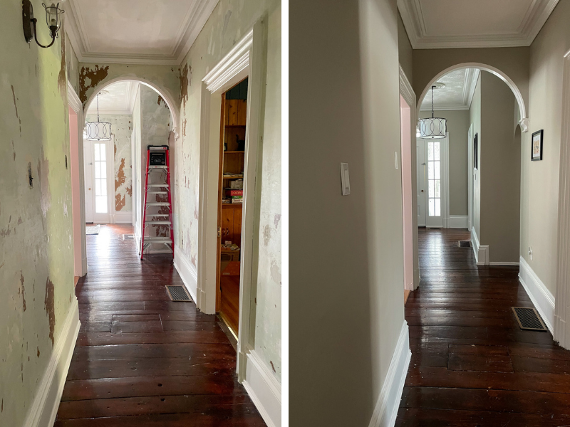Hallway with peeling paint on the left, on the right the same hallway painted in light grey